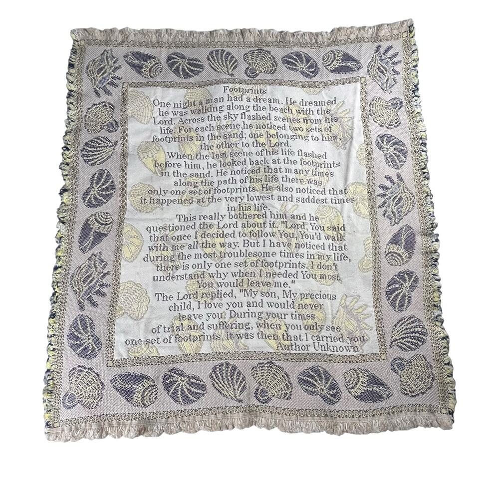 Vintage Footprints in the Sand Seashells Tapestry Woven Blanket Religious Poem